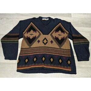 Vintage 80s Concrete Mix Aztec Sweater Men's Size Large Chunky Knit